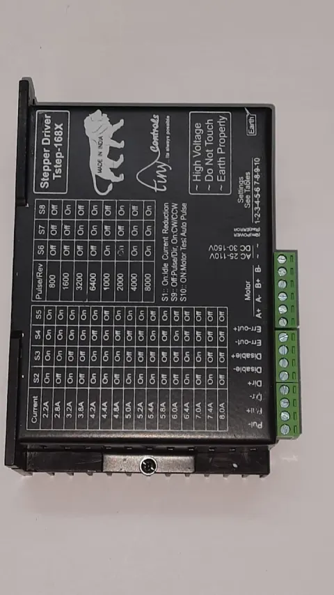 Tstep-168X two-phase stepper drive, front view showing terminal blocks and setting switches
