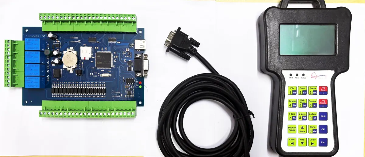 TNC-M24 controller kit: bare board with green screw terminals, SD slot and relays, plus handheld pendant and cable